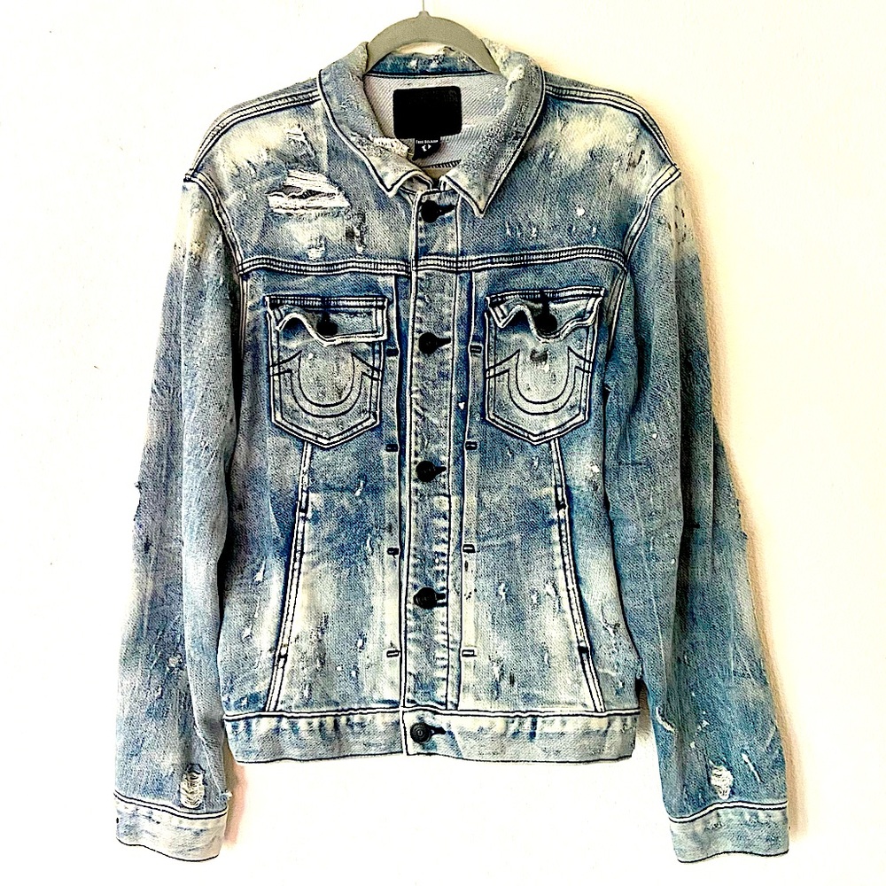 True Religion Heavily Distressed Dylan Denim Jacket, S, Blue